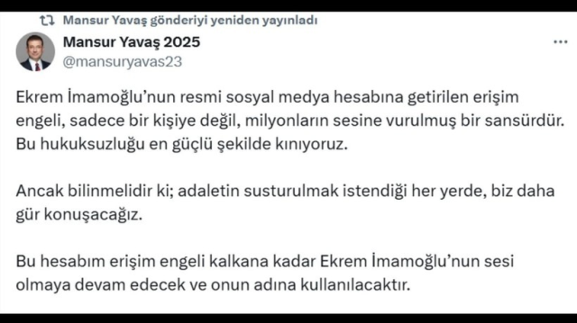 İmamoğlu'nun hesabının engellenmesi sonrası Mansur Yavaş'tan dikkat çeken hamle