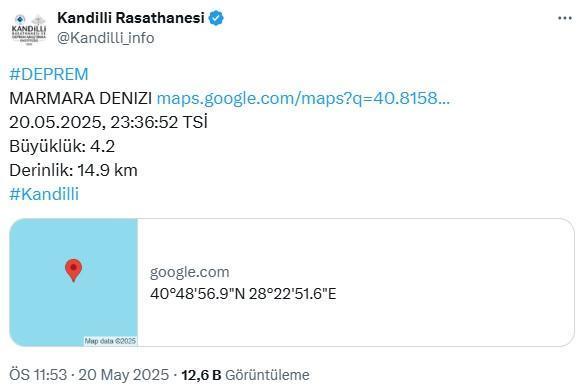 Marmara Denizi Büyükçekmece açıklarında 4 büyüklüğünde deprem