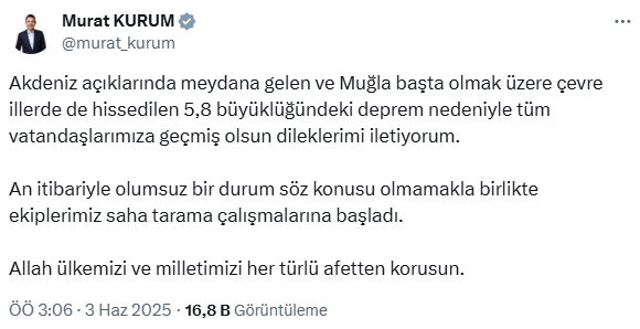 Muğla'da 5,8 büyüklüğünde deprem