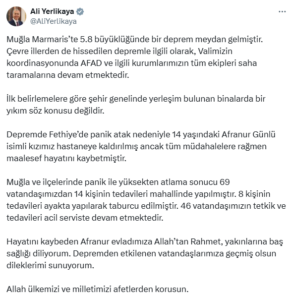 Muğla'da 5,8 büyüklüğünde deprem