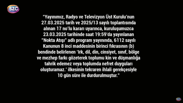 Sözcü TV'nin yayını 10 gün süreyle durduruldu